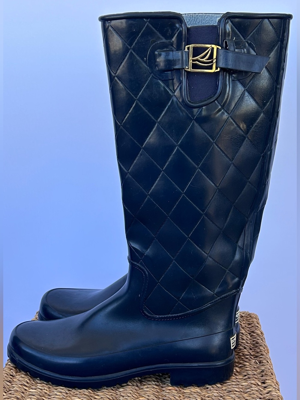 Sperry Top-Sider Women’s Pelican Navy Quilted Rain Boots Gold Buckle Size 9